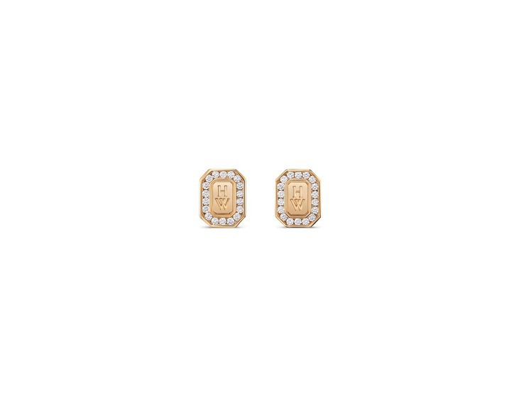 海瑞溫斯頓 H.W. Logo 耳環，18K 玫瑰金鑲嵌36 顆鑽石共約 0.18 克拉，約10萬元。圖／海瑞溫斯頓 提供