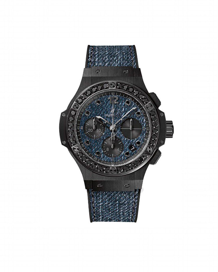 宇舶Big Bang系列丹寧陶瓷黑鑽腕表，黑色陶瓷表殼與表圈鑲嵌36顆黑鑽，約66萬8,000元。圖／HUBLOT提供