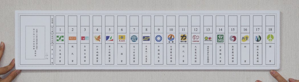 第9屆立法委員選舉採用單一選區兩票制，圖為推出候選人參選的18個政黨號次。 圖／...