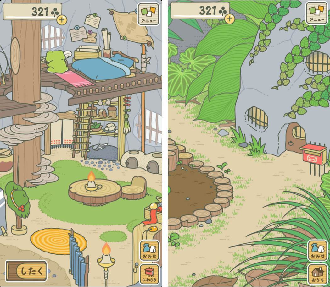 「旅行青蛙」遊戲的界面很簡單，遊戲畫面僅有兩個，一是樹洞的生活畫面（左圖），另一...