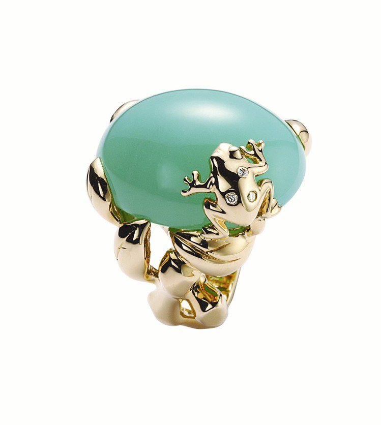 Dior Gourmande 小青蛙戒指，黃k金鑲嵌鑽石與綠玉髓。圖／迪奧提供