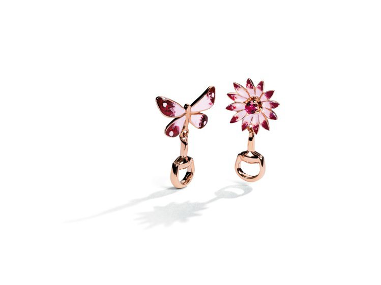 Gucci Flora系列18K玫瑰金耳環，琺瑯彩繪蝴蝶與花卉鑲嵌紅寶石飾以馬銜，57,500元。圖／古馳提供