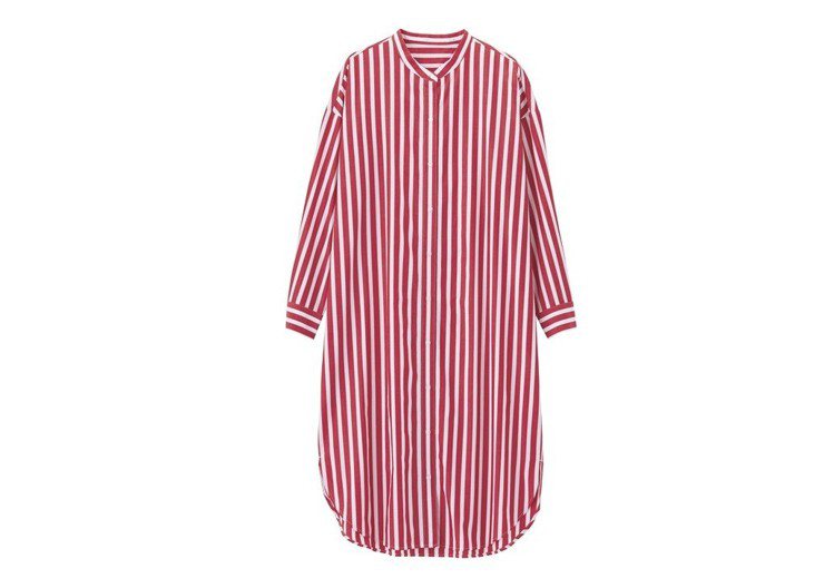 條紋襯衫連身裙(紅)590元。圖／GU提供