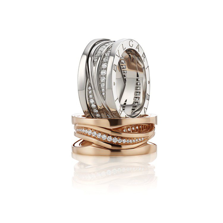 BVLGARI B.zero1 Design Legend設計傳奇系列，玫瑰金三環戒指鑲鑽款，12萬6,400元；白K金三環戒指鑲鑽款13萬4,000元。圖／BVLGARI提供