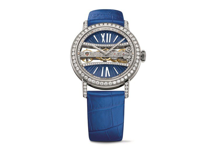金橋系列藍色鑽表，39豪米白K金鑲鑽表殼，193萬2,000元。圖／崑崙表提供