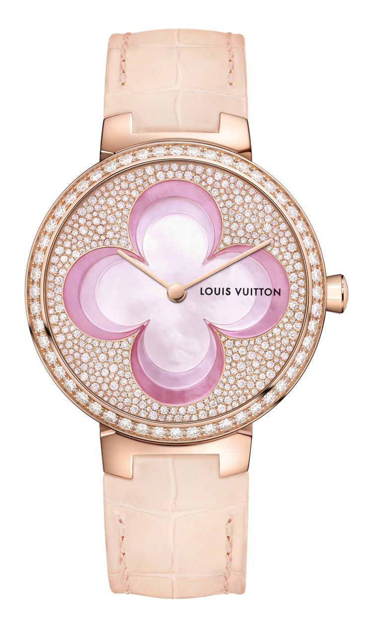 路易威登Tambour Slim系列腕表，18K玫瑰金表殼鑲嵌52顆鑽石，約161萬元。圖／Louis Vuitton提供