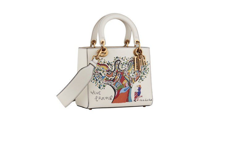 Lady Dior 拿鐵白小牛皮Niki de Saint Phalle愛情藝術圖騰迷你提包，售價12萬元。圖／Dior提供