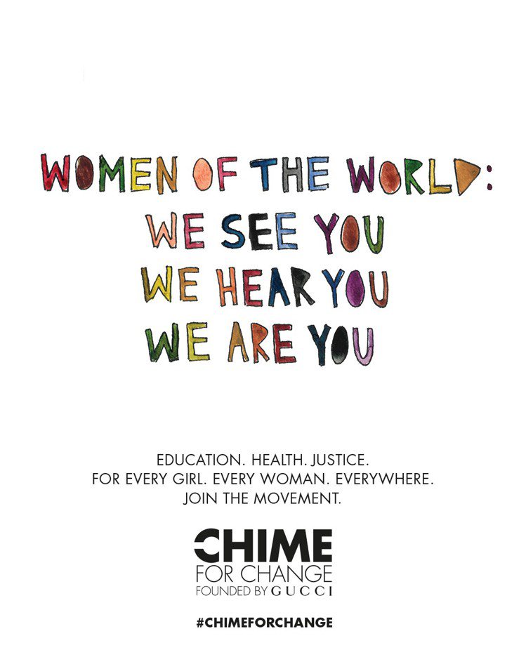 Gucci「CHIME FOR CHANGE 希望響鐘運動」今年攜手藝術家兼詩人Cleo Wade創作了一系列標語，為女權發聲。圖／Gucci提供