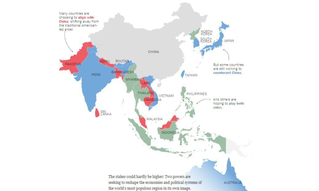 紐約時報訪問五位區域專家，繪出一幅中國大陸與美國在亞洲的兩強爭霸地圖。擷自紐約時...