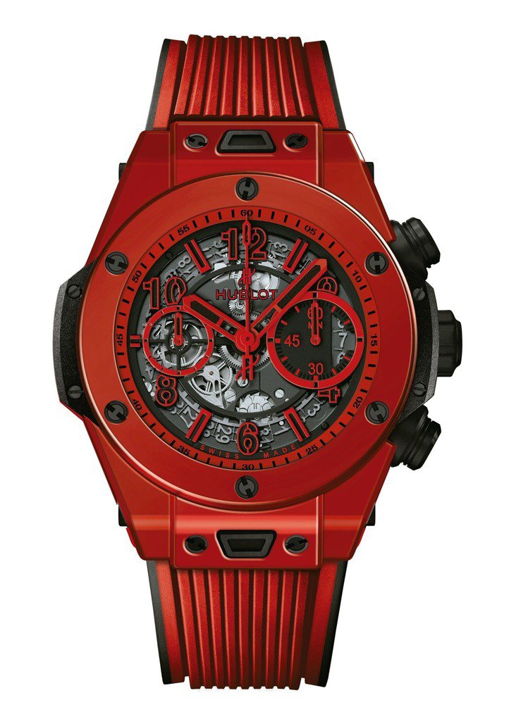 宇舶Big Bang Unico Red Magic魔力紅陶瓷腕表，表殼、表圈皆為紅色拋光陶瓷，全球限量500只，價格未定。圖／Hublot提供