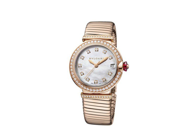 寶格麗Lvcea Tubogas系列玫瑰金鑲鑽腕表，18K玫瑰金表圈鑲嵌鑽石，價格未定。圖／BVLGARI提供