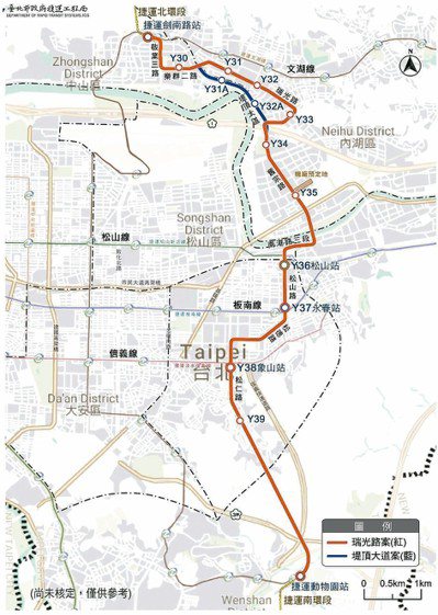 台北捷運東側南北向路線方案，北市府提出兩種建議路線，皆為劍南路站到動物園站，主要差異在內湖區，有堤頂大道、瑞光路兩方案。 圖／捷運局提供