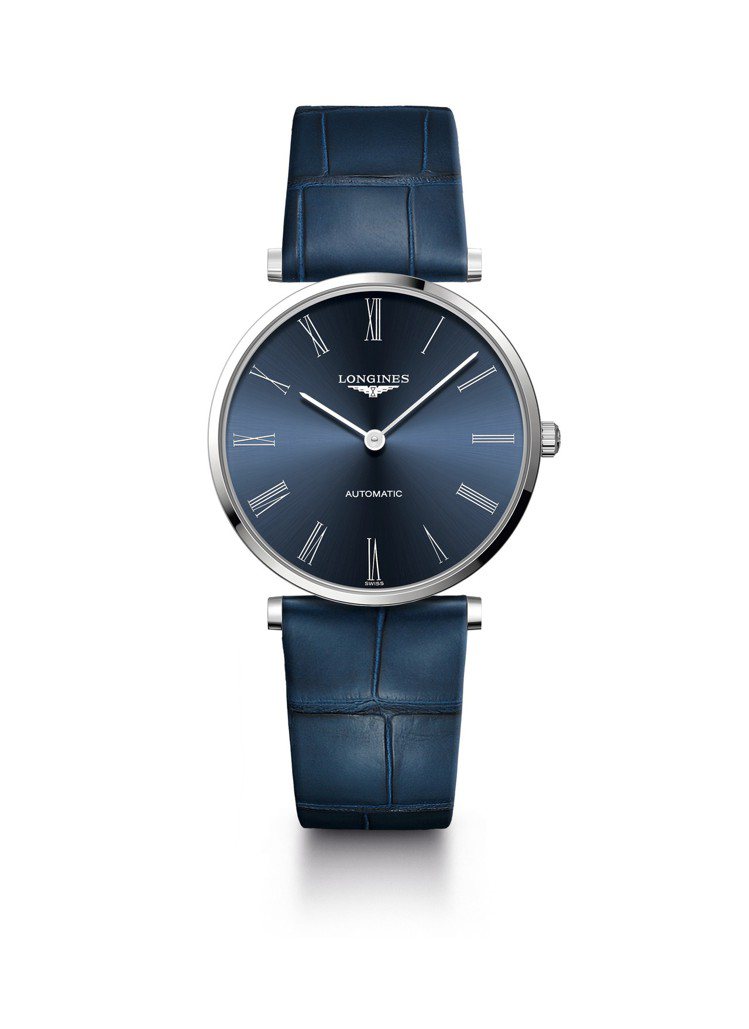 浪琴嘉嵐系列36毫米不鏽鋼藍面自動上鍊腕表，50,500元。圖／浪琴表提供