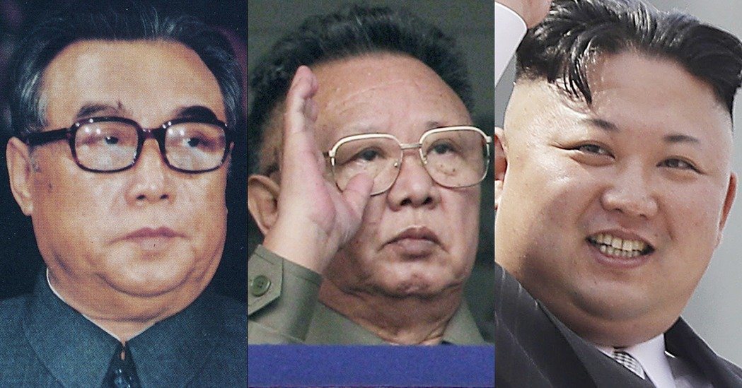 北韓三代領導人，由左至右依序為金日成、金正日、金正恩。 （美聯社）
