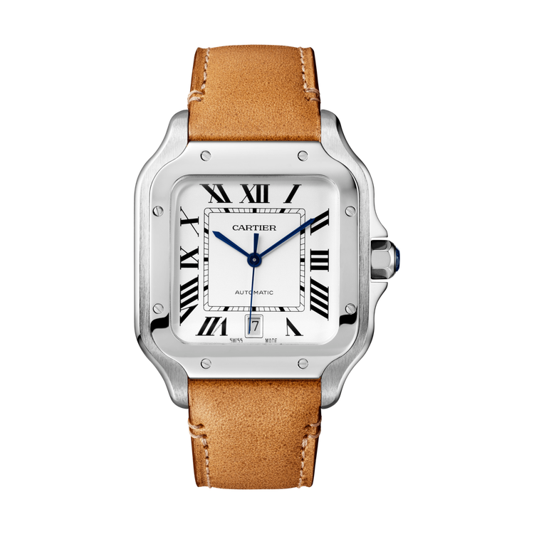 Santos de Cartier 精鋼大型款腕表，小牛皮表帶（具QuickSwitch 可更換式表鍊），21萬1,000元。圖／卡地亞提供