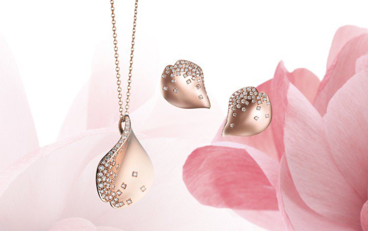 MIKIMOTO全新Pétales Collection Les Pétales de Ginza運用鑽石和18K粉紅金捕捉櫻花落下的瞬間美麗。圖／MIKIMOTO提供