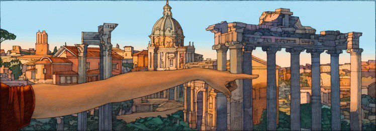 美國插畫家Miles Hyman描繪的《羅馬》像精確的分鏡表。圖／LV提供