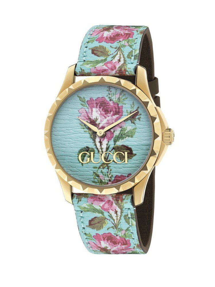 Gucci G-Timeless系列腕表，金黃色PVD表殼，水藍色皮革表盤、彩繪...