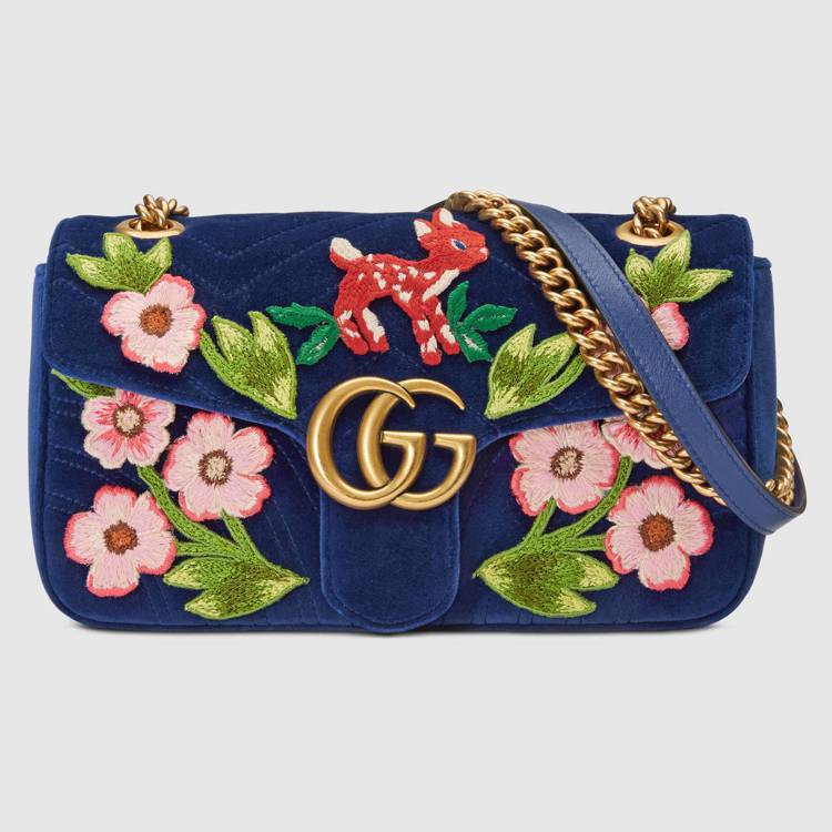 GG Marmont小鹿與花卉刺繡鍊帶包，89,900元。圖／Gucci提供
