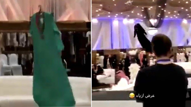 沙國日前1場時裝秀上，以無人機代替模特兒走秀，禮服在空中飄動的樣子，被網友批像在看鬼片。翻攝 Twitter/@wa7d_riyadh、@ExtraEllenx