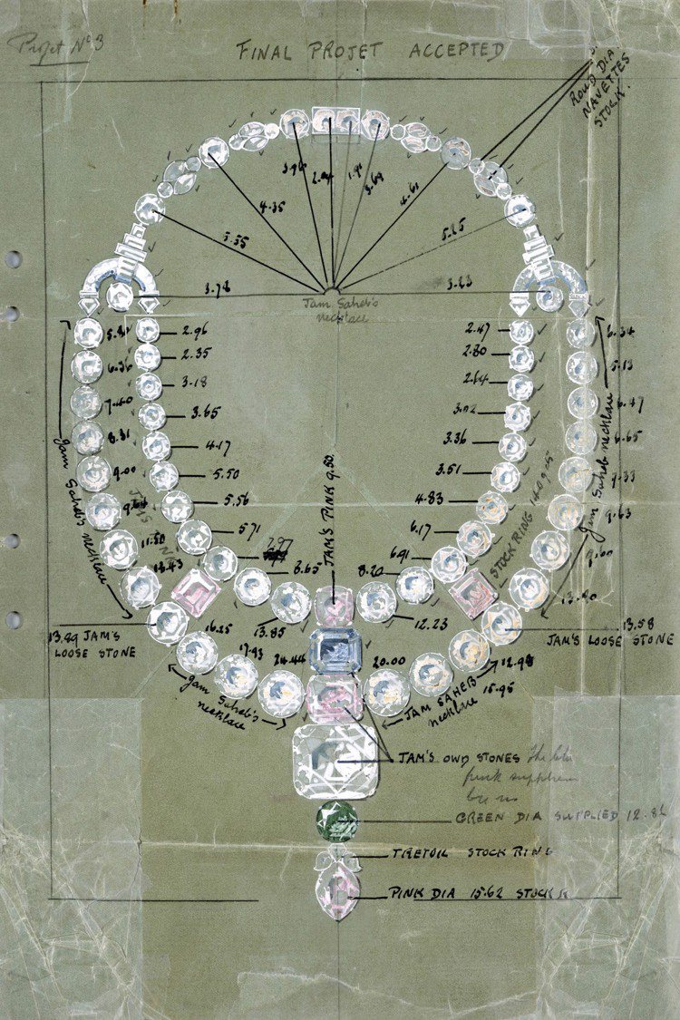 卡地亞為Maharaja Nawanagar所設計的項鍊原始水彩圖。圖／Cartier提供