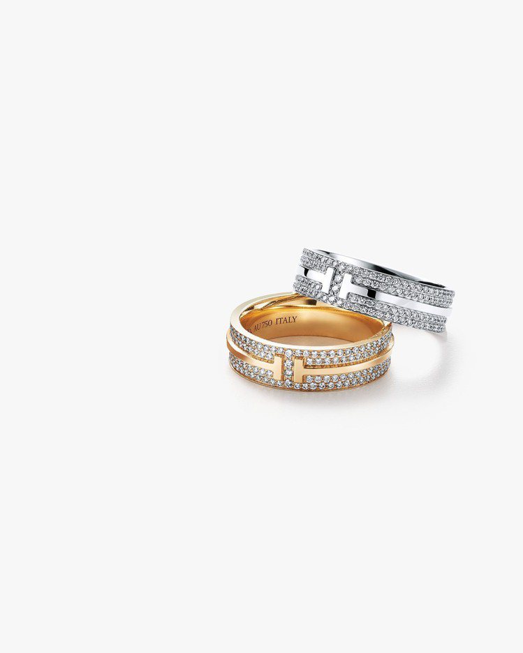 Tiffany T Two 系列戒指18K 白金與18K金鋪鑲鑽石戒指，250,...