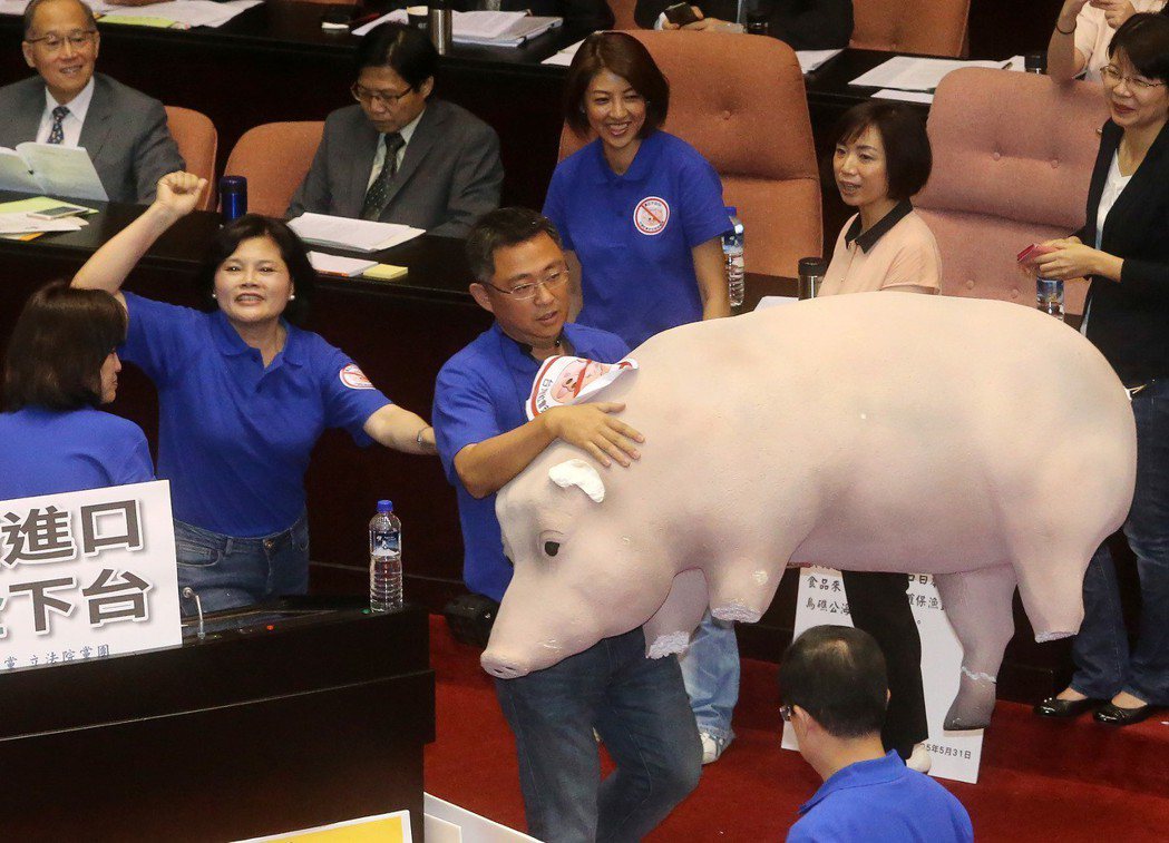 國民黨立委楊鎮浯（左三）拿著道具豬抗議。 聯合報系資料照片／記者胡經周攝影