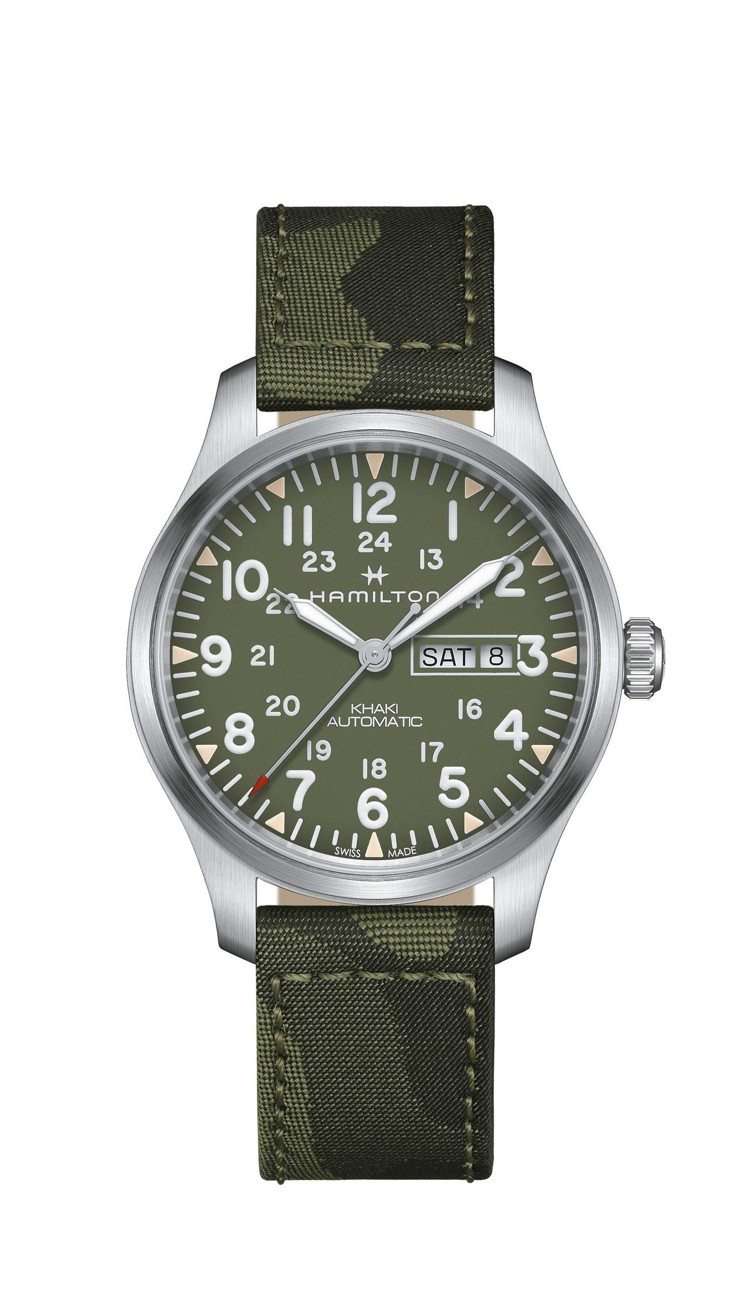 漢米爾頓Khaki Field Day-Date陸戰雙曆越戰紀念腕表，不鏽鋼表殼搭配迷彩表帶，約27,600元。圖／Hamilton提供