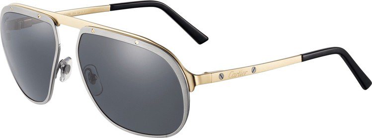 卡地亞 Santos de Cartier 飛行員雙色太陽眼鏡，裝飾有標誌性的表面螺釘設計，32,500元。圖／卡地亞提供