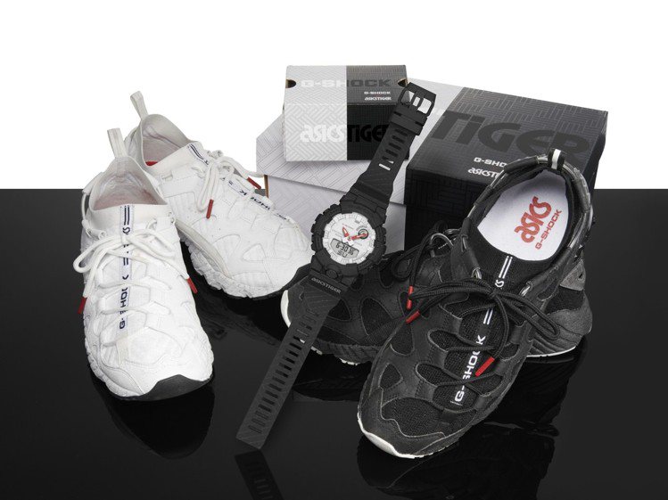 G-Shock與ASICSTIGER聯名系列腕表，以GEL-MAI鞋款為靈感，並有特殊包裝。圖／G-Shock提供