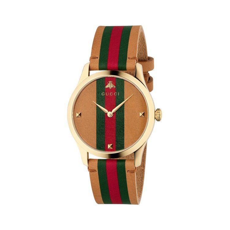 G-Timeless系列腕表，金色PVD表殼搭配亮棕色牛皮裝飾綠紅綠條紋表面及表...