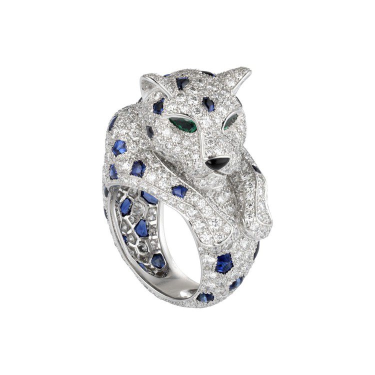 Panthère de Cartier 美洲豹藍寶石斑點戒指，鉑金鑲嵌藍寶石、祖母綠，與鑽石，433萬元。圖／卡地亞提供