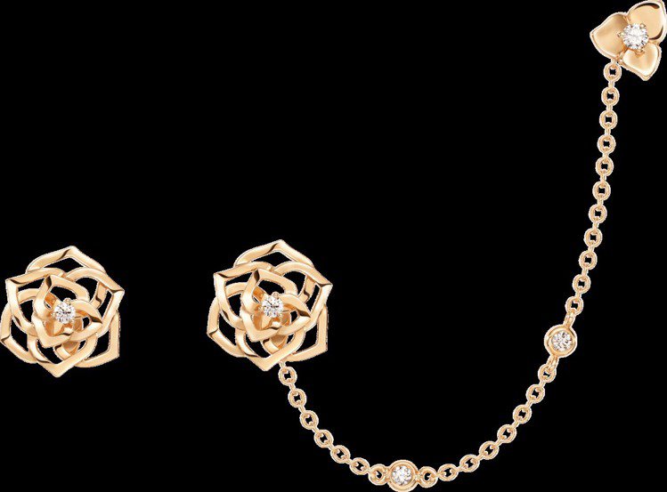 Piaget Rose系列耳環，18K玫瑰金鑲嵌2顆圓形美鑽共約0.06克拉，12萬元。圖／伯爵提供