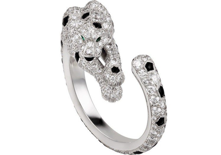 Panthère de Cartier美洲豹戒指，白K金鑲嵌祖母綠、縞瑪瑙、鑽石，117萬元。圖／卡地亞提供