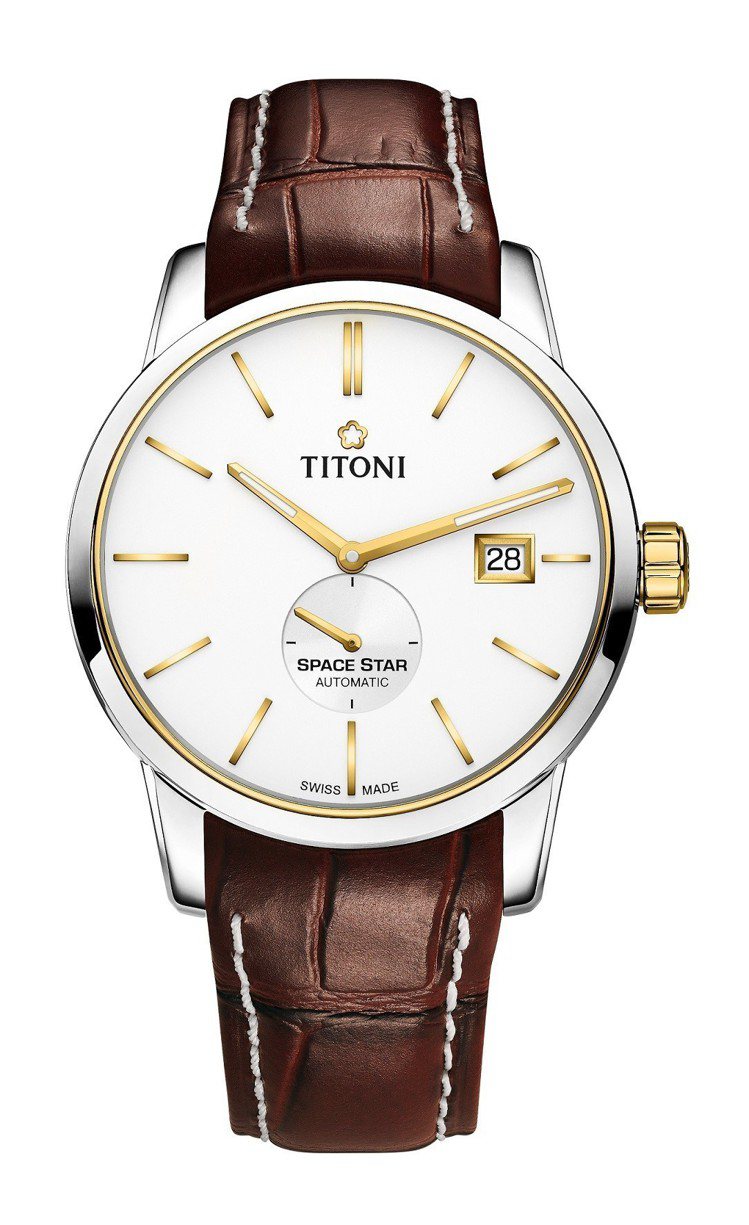 TITONI Space Star天星系列銀色錶盤棕色牛皮表帶款，41,400元。圖／梅花表提供