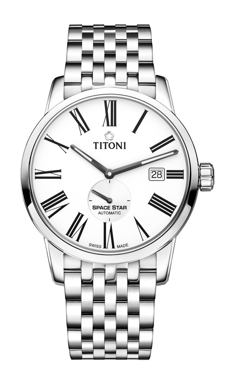 TITONI Space Star天星系列晶炭灰表盤精鋼表帶款，41,800元。圖／梅花表提供