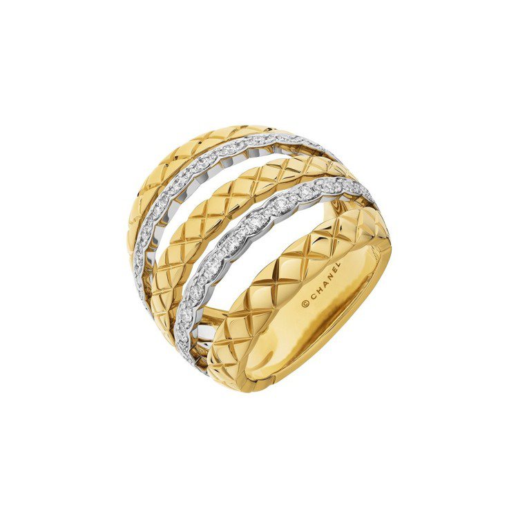 COCO CRUSH 多層次寬版戒指，18K白金與黃金鑲嵌62顆明亮式切割鑽石，...