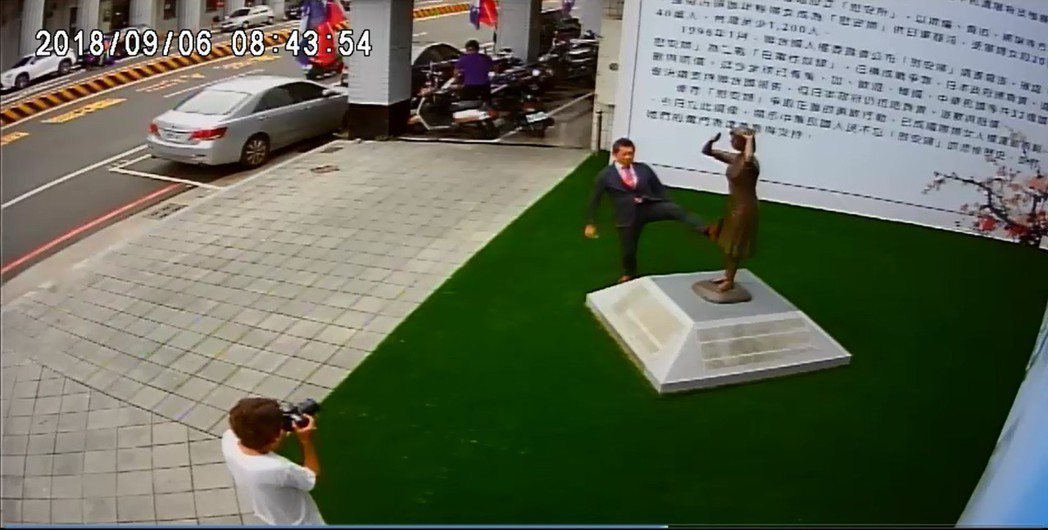 日人藤井實彥在台南市慰安婦銅像旁抬腳做出踹踢動作，引發眾怒。 圖／謝龍介提供