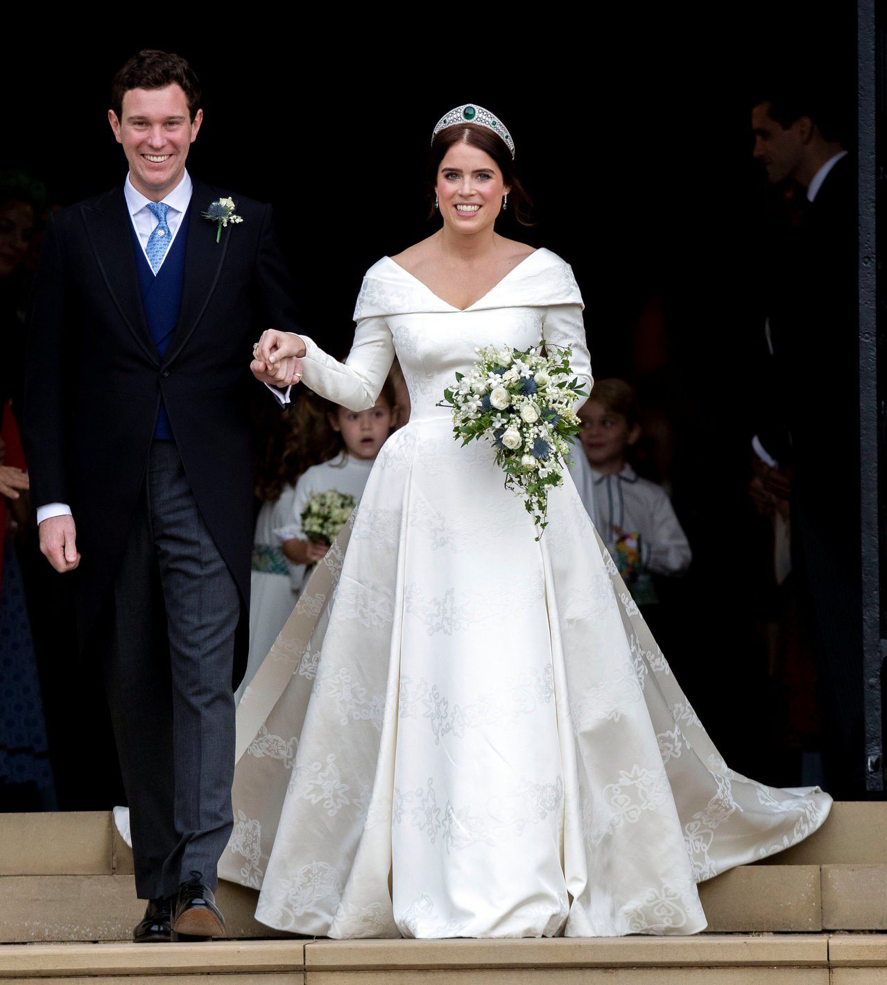 尤金妮公主和未婚夫布魯斯班克12日在溫莎堡完婚。（路透）