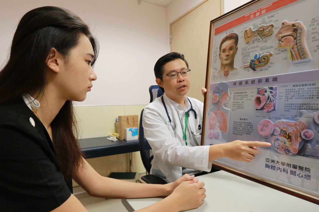 亞洲大學附屬醫院胸腔內科主任黃建文（右）向患者解釋使用吸入性氣喘治療藥物的重要性（圖左非當事人）。圖／亞洲大學附屬醫院提供