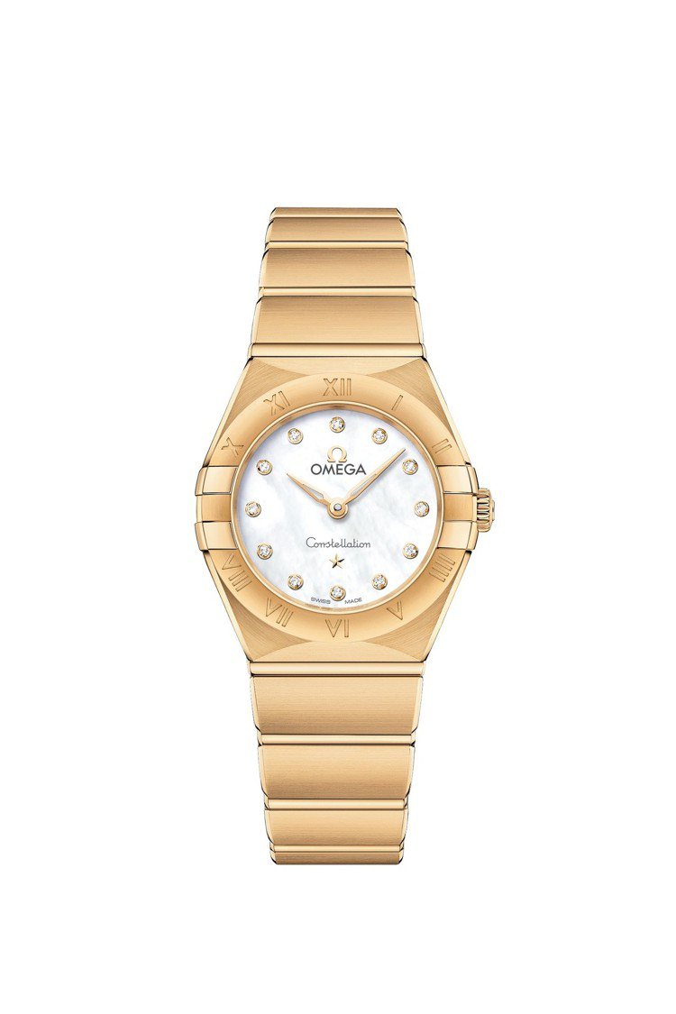 歐米茄星座系列曼哈頓腕表，18K金表殼、表鍊，搭配珍珠母貝表盤及鑽石時標，採用4...