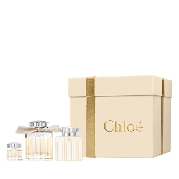 Chloe幸福工坊同名香氛典藏禮盒，內含淡香精75ml、身體乳100ml及小香5ml，售價4,520元，全台限量30盒。圖／科蒂精品提供