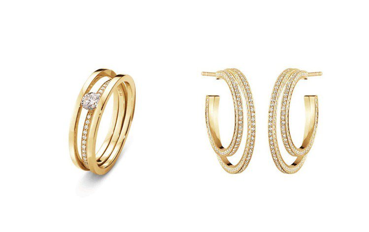 HALO 18K黃金鑽戒鑲嵌單顆美鑽與18K黃金鋪鑽耳環  圖／喬治傑生 提供