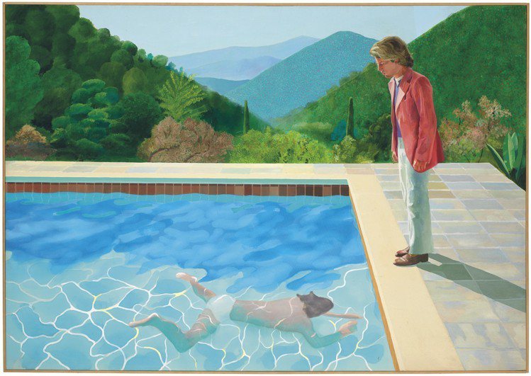 大衛霍克尼《藝術家肖像/泳池與兩個人像》將於紐約拍賣，雙人肖像與游泳池都是他標誌性的主題，被看好將創新紀錄。圖／佳士得提供