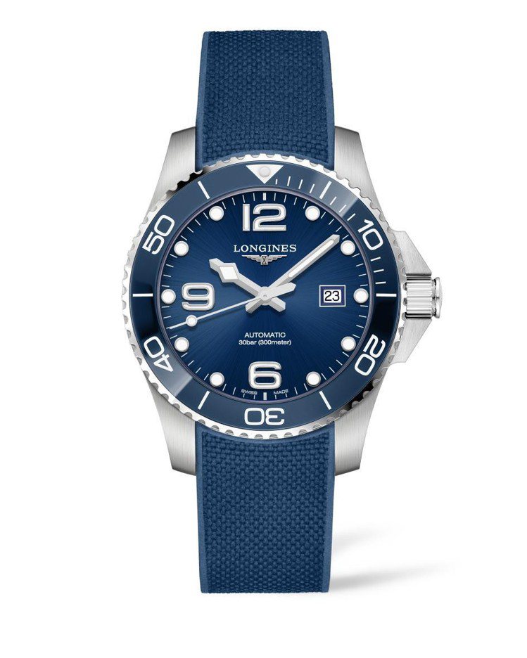 浪琴表HydroConquest深海征服者系列腕表，不鏽鋼表殼搭配藍色陶瓷表圈、...