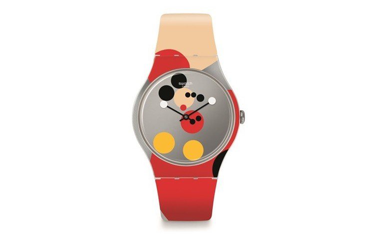 SWATCH Damien Hirst迪士尼米奇90周年藝術聯名「米奇放大鏡」腕表，約3,950元。圖／SWATCH提供