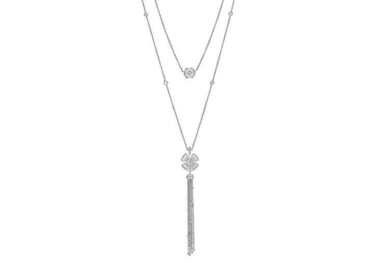 舒淇配戴的FIOREVER系列白K金鑽石長鍊，97萬7,000元。圖／寶格麗提供