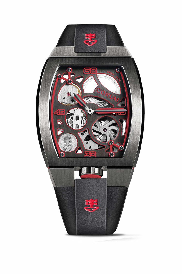 崑崙表經典系列Lab實驗腕表，紅色搭配黑色DLC塗層鈦金屬材質，48萬9,000元，全球限量99只。圖／崑崙表提供