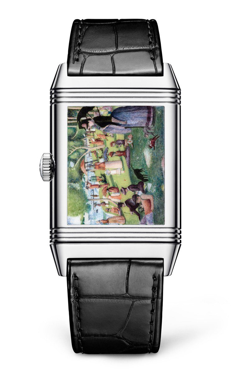 Reverso Tribute Enamel翻轉系列琺瑯腕表，法國喬治秀拉《大碗島的星期天下午》限量8只，270萬元。圖／積家提供