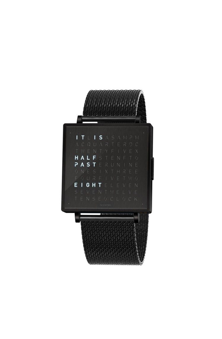 QlockTwo腕表，黑色DLC精鋼表殼，表徑39毫米，搭配米蘭鍊帶，約45,000元。圖／瑞博品提供